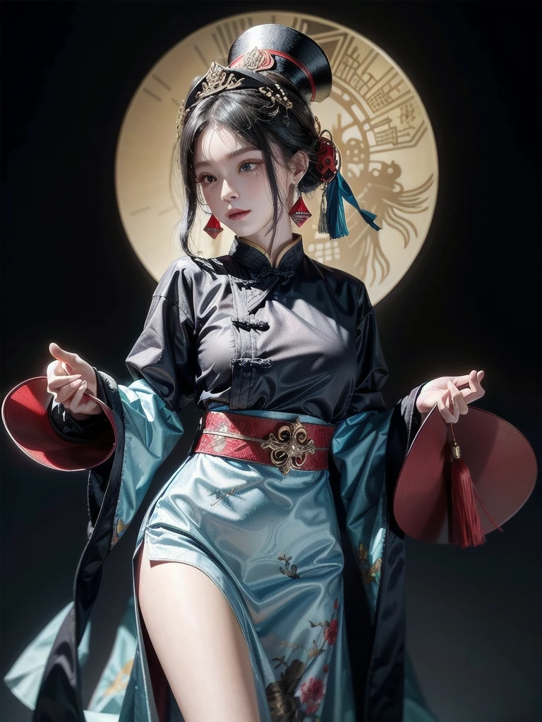 dress, chinese clothes, headwear, ofuda, jiangshi, qing guanmao, absurdres, RAW photo, extremely delicate and beautiful, masterpiece, Best Quality, ultra high resolution, 32k, hyperrealistic, ultra-detailed, detailed description, pale skin, 20 years old, tearful mole, earring, Colossal tits, short medium hair, wavy hair, evil grin, whole body shot,