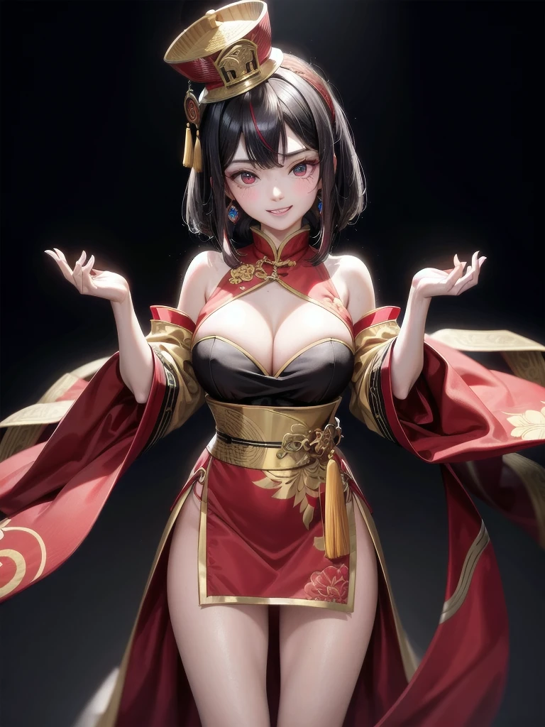dress, chinese clothes, headwear, ofuda, jiangshi, qing guanmao, absurdres, RAW photo, extremely delicate and beautiful, masterpiece, Best Quality, ultra high resolution, 32k, hyperrealistic, ultra-detailed, detailed description, pale skin, 20 years old, tearful mole, earring, Colossal tits, short medium hair, wavy hair, evil grin, whole body shot,