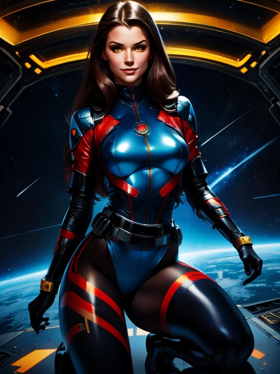 Best quality illustration, space beautiful vintage woman,long hair, looking to observer, LITTLE SHY SMILE, tight hi-tech armor leotard black, RED and blue with intrincated details over glossy pantyhose, adjusting hi-tech gloves, militar tactical belt, thighs and knee,spaceships battle scenario,yellow lights