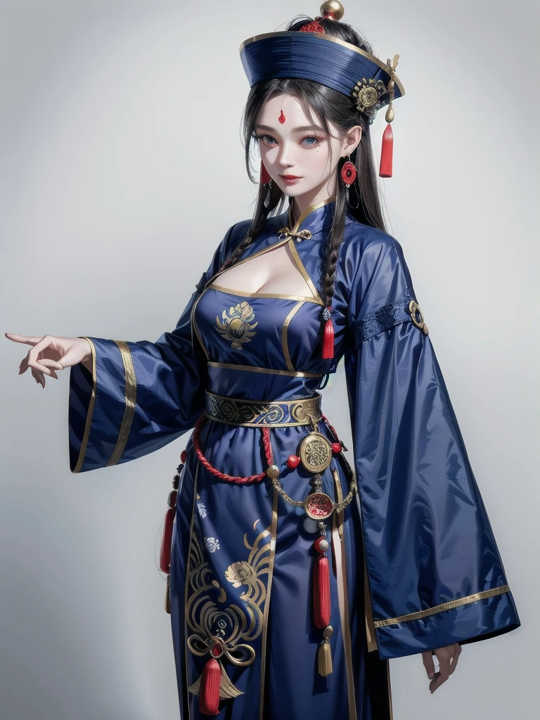 dress, braid, chinese clothes, headwear, ofuda, jiangshi, qing guanmao, absurdres, RAW photo, extremely delicate and beautiful, masterpiece, Best Quality, ultra high resolution, 32k, hyperrealistic, ultra-detailed, detailed description, pale skin, 20 years old, tearful mole, earring, Colossal tits, short medium hair, wavy hair, evil grin, whole body shot,
