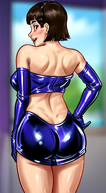 obra de arte, 1 garota, sozinho, Atalhos, , makoto "rainha" Niijima (makoto Niijima) - Pessoa、looking at the audience, seios grandes, mulher madura, corar, sorriso, cabelo preto、olhos lilases, cama rosa, mulher madura,black latex gloves,Off-the-shoulder purple latex suit,saia roxa,Off-the-shoulder purple latex,Purple latex skirt,Latex shirt,Purple latex off-shoulder shirt,Suor nas axilas, arched back, view from behind, pose de costas, Buttocks emphasized curves, arched back, rosto delicado muito lindo, detalhes da mais alta qualidade