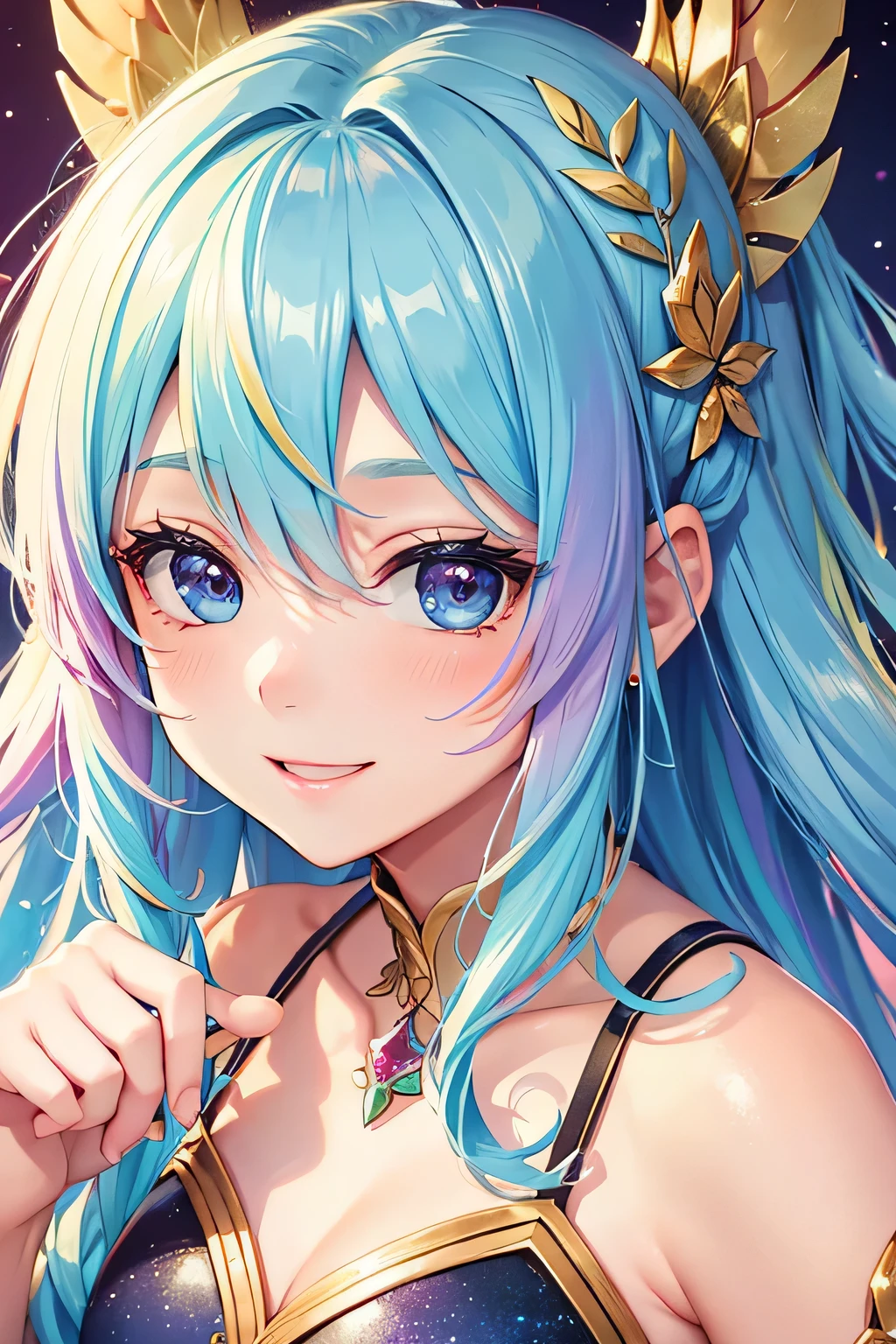 highest quality, 8k, Very detailed, Rainbow colored blurry fairy, break , Watercolor style background with gear shapes in vibrant rainbow colors、smile、Close-up of face