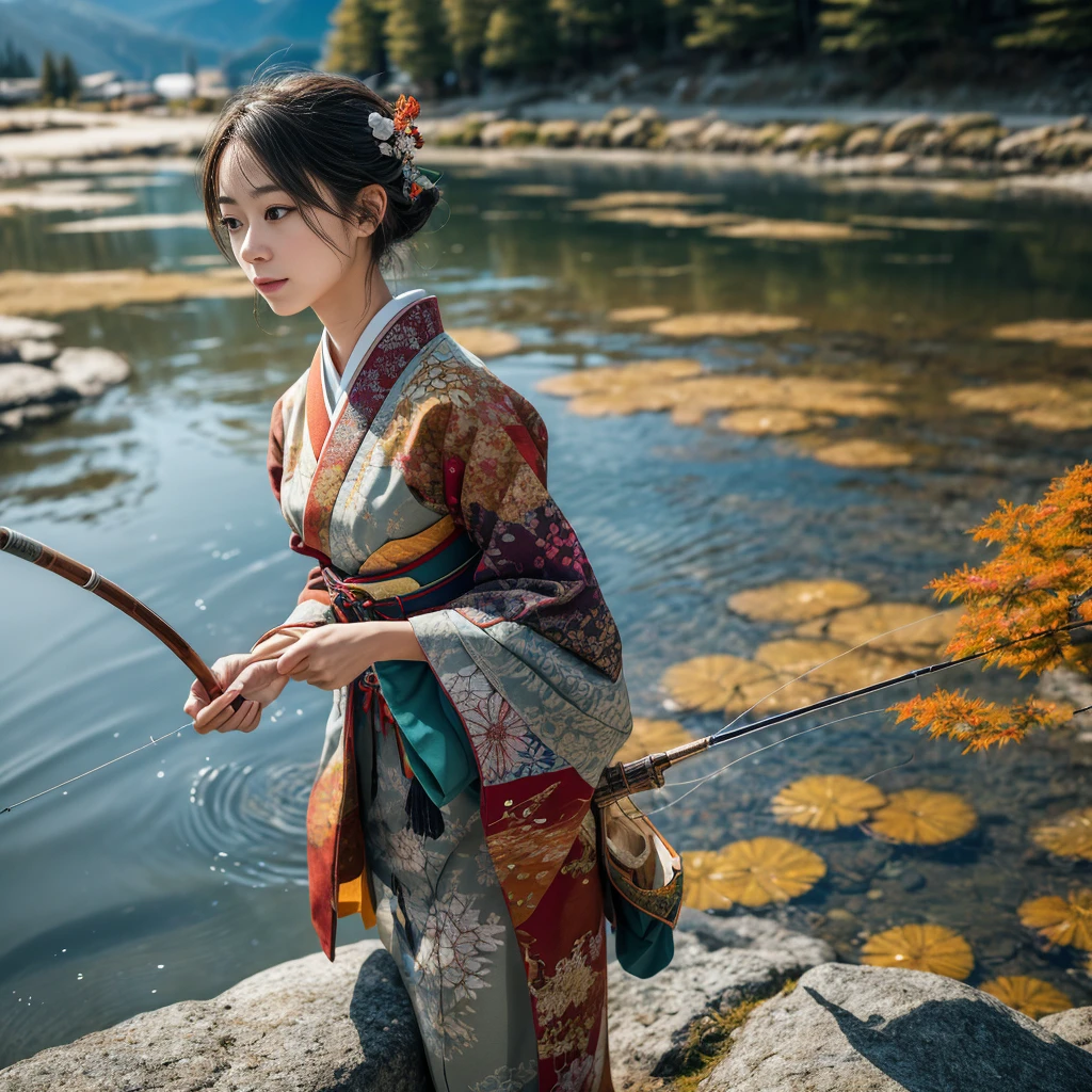 adorned in traditional Japanese attire, seamlessly blends with the kaleidoscope of autumnal colors that paint the mountainside. The intricate patterns of her clothing, delicately rendered, add a sense of authenticity to the scene. Her hands, deftlymanipulating the fishing rod, display a level of skill and dexterity (1.5). The subtle glint of metal and the shimmering waters, caught in the soft, cinematic light (1.4), further accentuate the tranquility of the moment. The high-resolution (1.2) of the image reveals the play of light and shadows on her face, her detailed features subtly etched