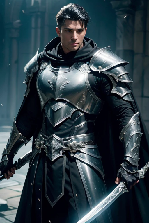 (master piece:1.5), (best quality:1.5), (exquisite lighting and shadow, highly dramatic picture, cinematic lens effect) (Photorealistic picture) highly detailed, realistic, cinematic lighting, studio quality, 8k, wallpaper, dynamic pose, anatomy correct, epic fantasy digital art, Epic composition, full body Male paladin wearing a black leather armor under a shiny black intricate elaborated plate chest armor with silver lightnings accents, long black cape with silver lightnings ornaments, holding a great silver sword