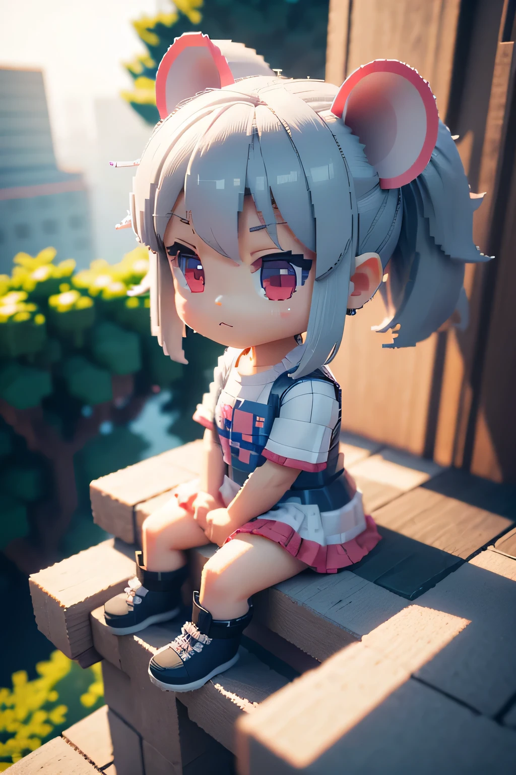 voxels,(3d big pixel art),(3d pixel art),large pixels,solo,1female\(chibi,cute,kawaii,age of 8,small kid,gray hair,hair floating,twin tails hair,white skin,tunned skin,ripped clothes,big gray printed shirts,red eyes,big eyes,mouse ear,breast,smirk,sitting\),(3d pixel art),(3d pixel art),(3d pixel art),background\(simple,cute\)