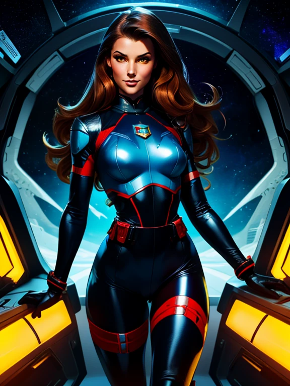 Best quality illustration, space beautiful pinup woman,long hair, looking to observer, LITTLE SHY SMILE, tight hi-tech armor leotard black, RED and blue with intrincated details over glossy pantyhose, adjusting hi-tech gloves, militar tactical belt, thighs and knee,spaceships battle scenario,yellow lights