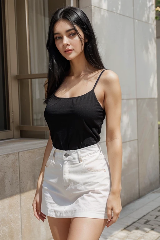 
This girl has a charming and distinctive appearance. Her shiny straight black hair contrasts enchantingly with her deep blue eyes, captivating the gaze of anyone she meets. High cheekbones add a touch of grace to her face, accentuating her natural beauty. Standing at 160 centimeters tall, she exudes elegance and possesses a certain aura of sweetness. She wears summer clothes that highlight her fair complexion, giving a luminous touch to her overall look.