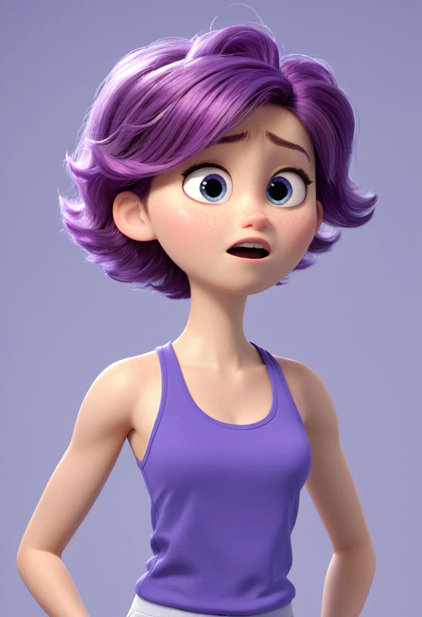 Une Russe de 14 ans, cheveux violet, collier bleu, Grey tank top, terrified, coller au mur, ne pouvant plus bouger, dans un laboratoire abandonner, style 3d Pixar, (best quality, 4k, 8k, High resolution, chef-d&#39;artwork:1.2), Ultra-detailed, (Realistic, photoRealistic, photo-Realistic:1.37), Des couleurs vives, studio lighting