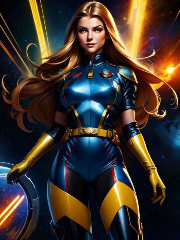 Best quality illustration, space beautiful woman,long hair, looking to observer, LITTLE SHY SMILE, tight hi-tech armor gold, RED and blue with intrincated details over glossy pantyhose, adjusting hi-tech gloves, militar tactical belt, thighs and knee,spaceships battle scenario,yellow lights