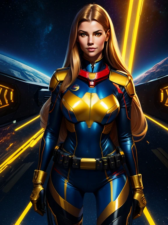 Best quality illustration, space beautiful woman,long hair, looking to observer, LITTLE SHY SMILE, tight hi-tech armor gold, RED and blue with intrincated details over glossy pantyhose, adjusting hi-tech gloves, militar tactical belt, thighs and knee,spaceships battle scenario,yellow lights
