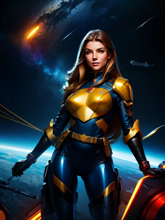 Best quality illustration, space beautiful woman,long hair, looking to observer, LITTLE SHY SMILE, tight hi-tech armor gold, RED and blue with intrincated details over glossy pantyhose, adjusting hi-tech gloves, militar tactical belt, thighs and knee,spaceships battle scenario,yellow lights