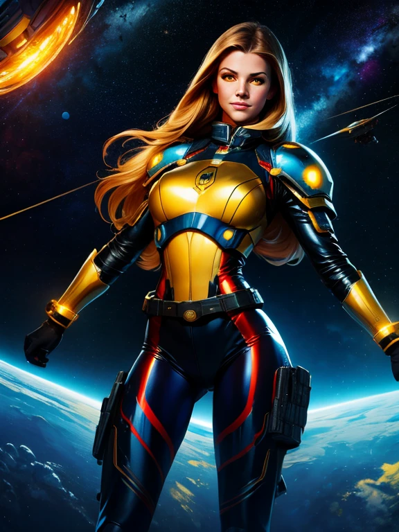 Best quality illustration, space beautiful woman,long hair, looking to observer, LITTLE SHY SMILE, tight hi-tech armor gold, RED and blue with intrincated details over glossy pantyhose, adjusting hi-tech gloves, militar tactical belt, thighs and knee,spaceships battle scenario,yellow lights