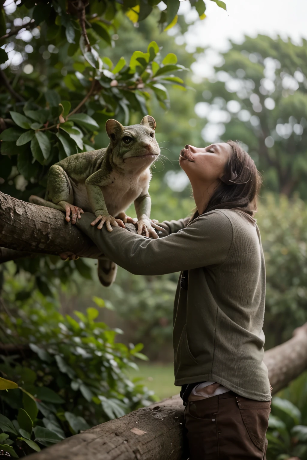 A photograph of a frog talking to a cat looking at a bird in the tree