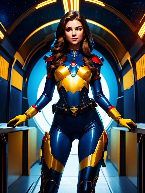 Best quality illustration, space beautiful woman,long hair, looking to observer, LITTLE SHY SMILE, tight hi-tech armor gold, RED and blue with intrincated details over glossy pantyhose, adjusting hi-tech gloves, militar tactical belt, thighs and knee,spaceship corridor scenario,yellow lights