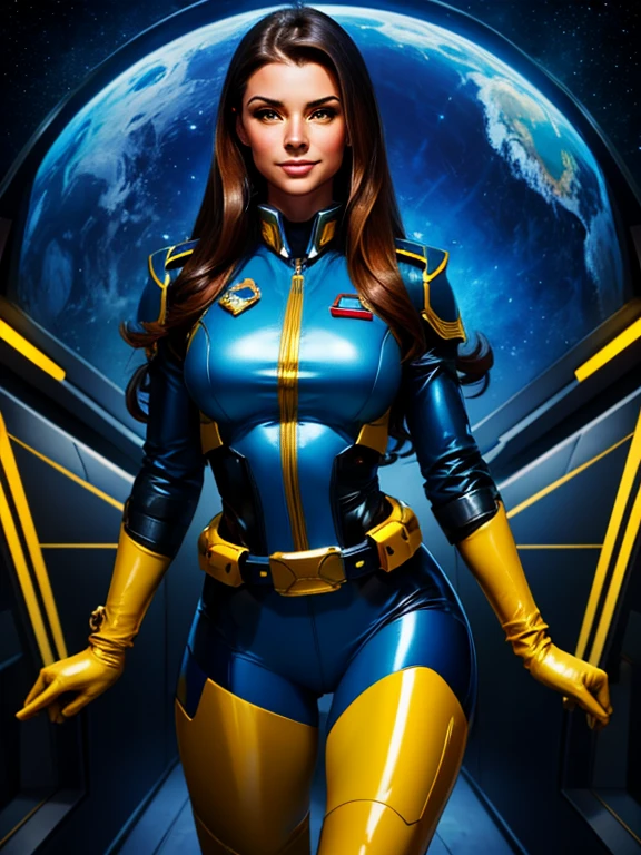 Best quality illustration, space beautiful woman,long hair, looking to observer, LITTLE SHY SMILE, tight hi-tech armor gold, RED and blue with intrincated details over glossy pantyhose, adjusting hi-tech gloves, militar tactical belt, thighs and knee,spaceship corridor scenario,yellow lights