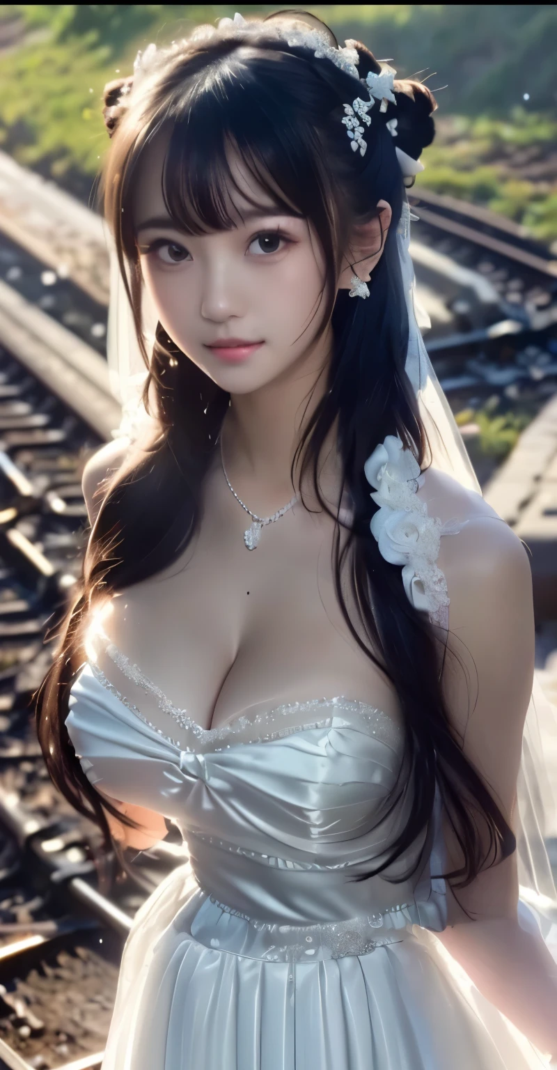 (((Pixel Perfect, Perfect details))), Solitary, 1 girl,bride, yuigahama yui, Keep your mouth shut,pink glossy lips,穿著bride禮服的特写,Gulwitz, (((bride頭紗))),(Transparent short veil),blush,Eyeshadow,Blushing face,Head flower,headgear,((Bouquet)),((((tube top wedding dress)))),(((Strapless Wedding Dress))),(Bare shoulders),Pure white dress,(((necklace))),((earrings)),(large breasts:1.3),Bangs,Lipstick,((White long elbow gloves)),Half-length photo,High Detail RAW Color Art,White long skirt,There is a railway track next to it,(standing on the railroad tracks:1.3),18 years old, (Long twin tails:1.5),(Double bun:1.5), Black Hair,night,Rainy Day