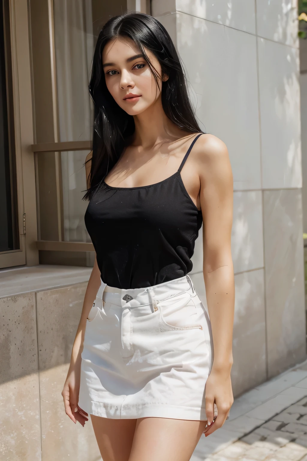 This girl has a charming and distinctive appearance. Her shiny straight black hair contrasts enchantingly with her deep blue eyes, captivating the gaze of anyone she meets. High cheekbones add a touch of grace to her face, accentuating her natural beauty. Standing at 160 centimeters tall, she exudes elegance and possesses a certain aura of sweetness. She wears summer clothes that highlight her fair complexion, giving a luminous touch to her overall look.