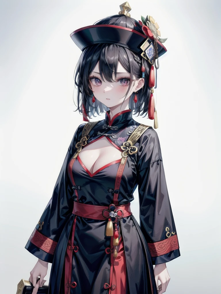 cemetery, dress, braid, chinese clothes, headwear, ofuda, jiangshi, qing guanmao, absurdres, RAW photo, extremely delicate and beautiful, masterpiece, Best Quality, ultra high resolution, 32k, hyperrealistic, ultra-detailed, detailed description, pale skin, 20 years old, tearful mole, earring, Colossal tits, short medium hair, wavy hair, whole body shot,