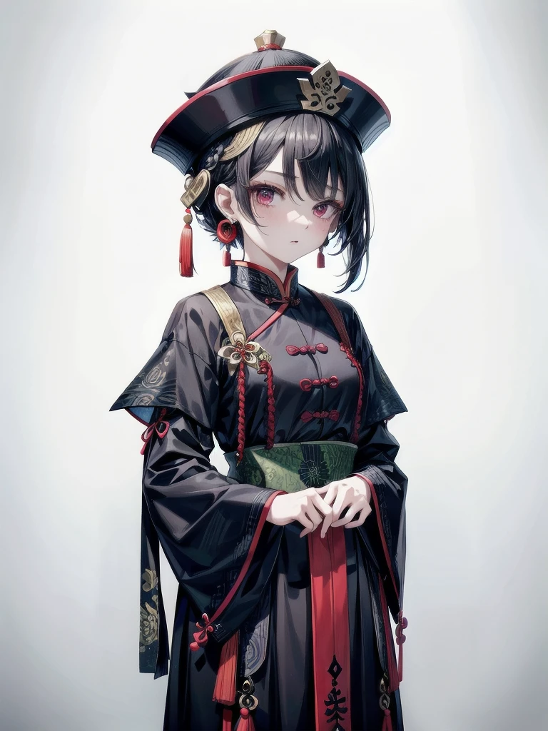 cemetery, dress, braid, chinese clothes, headwear, ofuda, jiangshi, qing guanmao, absurdres, RAW photo, extremely delicate and beautiful, masterpiece, Best Quality, ultra high resolution, 32k, hyperrealistic, ultra-detailed, detailed description, pale skin, 20 years old, tearful mole, earring, Colossal tits, short medium hair, wavy hair, whole body shot,