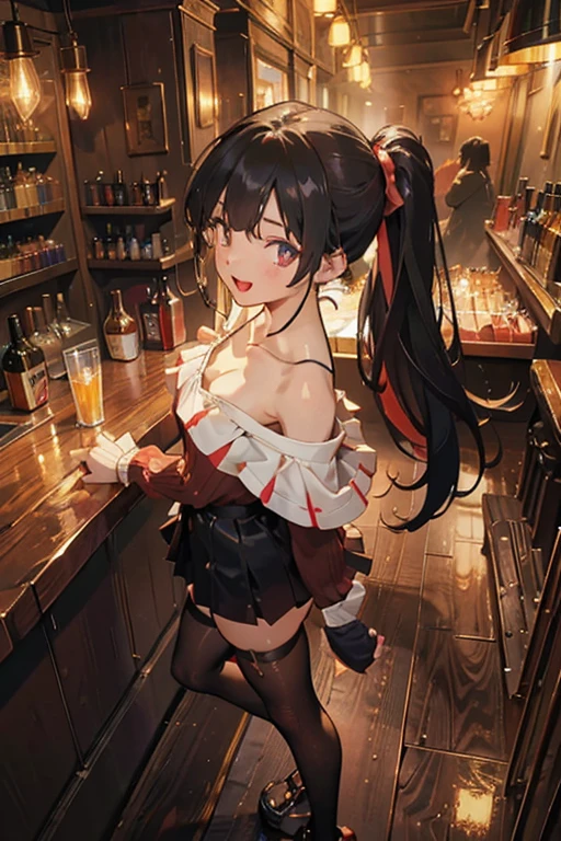 (from above:1.2),(from side:0.9), ((Face)), (Close-Up:0.4), masterpiece,"A 26-year-old girl stands at a bar counter. She is dressed in a stylish off-shoulder dress, sweater dress, off-shoulder sweater, red sweater,garter stocking, midriff, red skirts, black thighhighs, thigh strap, pretty girl, (highly detailed beautiful face and eyes,firm breasts),real skin,((black,hair,long pony tail hair)),thin pubic hair,cute and lovely pose, detailed eyes, This masterpiece is only visually stunning but also tells,(double breasted:0.6,under bust:0.6,cleavage:1.1,),(small breasts:1.2),(perky chest:1.1), (pointed chest:1.3), medium hips, glamorous body,(with sparkling eyes and a contagious smile),open mouth. The bar is beautiful, with colorful bottles of alcohol in the background and a soft glow from neon lights. The atmosphere is relaxed, and the girl looks confident and fashionable.",full body, sexy pose,make a cocktail , in a bar counter, Looking at Viewer,