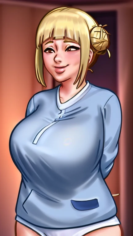 Himiko_toga, (obra de arte, mais alta qualidade,perfect lighting), 1 garota, sozinho, sorriso, retrato, , coxas grossas, peito redondo, salto alto, Buttons fly off the shirt, They are standing, put your hands behind your back
