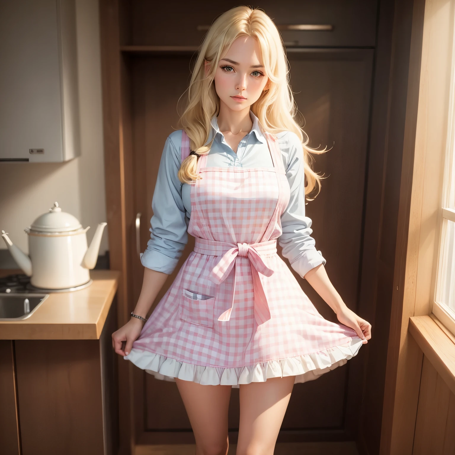 8k, masterpiece, best quality, realistic, higly detailed, cowboy shot, 1girl, female, solo, Cathy Everlyn, russian features, Kei Karuizawa, young woman, average height, waist-length blonde hair, grey eyes, white dress shirt with lavenders, short white skirt, school shoes, light blue calf-length socks, cute, baker, white and pink checkered apron with cupcakes