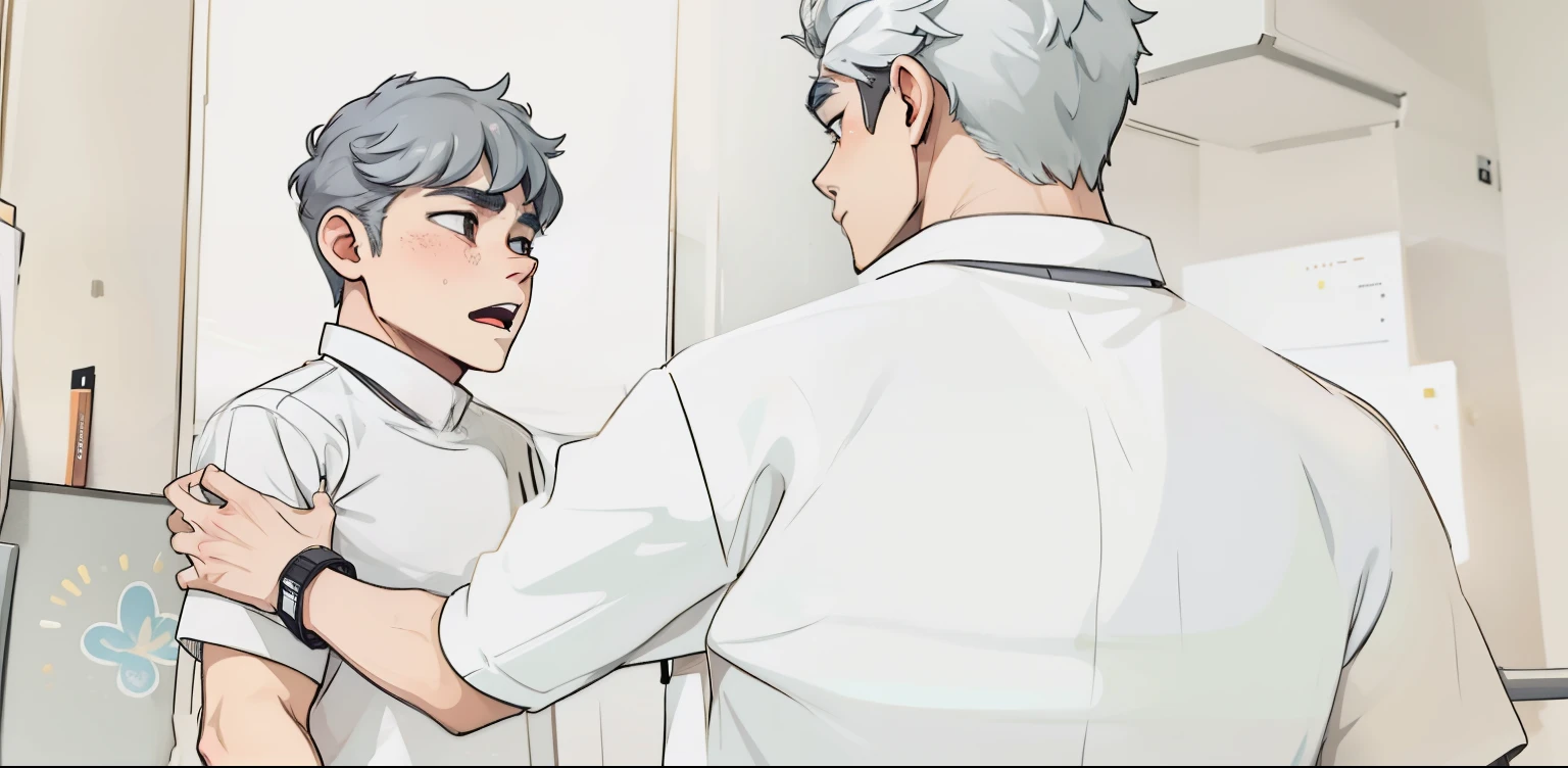 two male students, 17 years old, gray hair, gray eyes