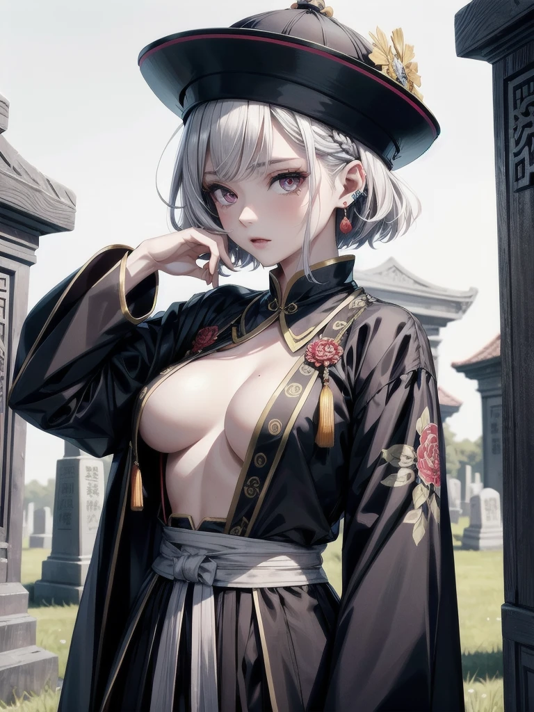 cemetery, dress, braid, chinese clothes, headwear, ofuda, jiangshi, qing guanmao, absurdres, RAW photo, extremely delicate and beautiful, masterpiece, Best Quality, ultra high resolution, 32k, hyperrealistic, ultra-detailed, detailed description, pale skin, 20 years old, tearful mole, earring, Colossal tits, short medium hair, wavy hair, whole body shot,