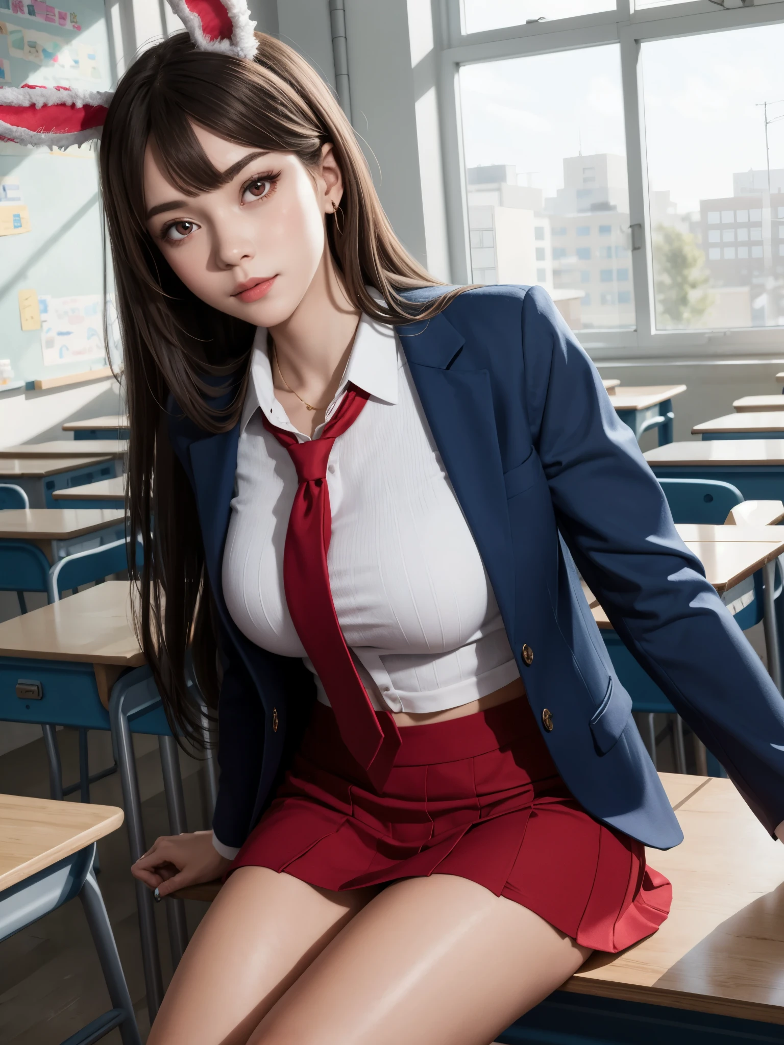 bunny girl wearing , BREAK, 1girl, detailed bunny ears, detailed face, blue suit jacket, mini skirt, thigh, red necktie, absurdly long hair, very long hair, bangs, (red eyes:1.2), blouse, looking at viewer, classroom, knitted v-neck t-shirt, seductive expression, full breasts, gigantic breasts, 