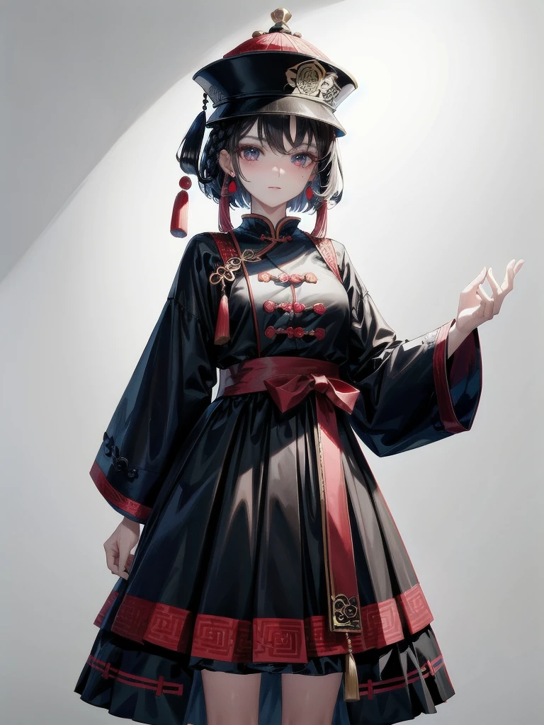 cemetery, dress, braid, chinese clothes, headwear, ofuda, jiangshi, qing guanmao, absurdres, RAW photo, extremely delicate and beautiful, masterpiece, Best Quality, ultra high resolution, 32k, hyperrealistic, ultra-detailed, detailed description, pale skin, 20 years old, tearful mole, earring, Colossal tits, short medium hair, wavy hair, whole body shot,