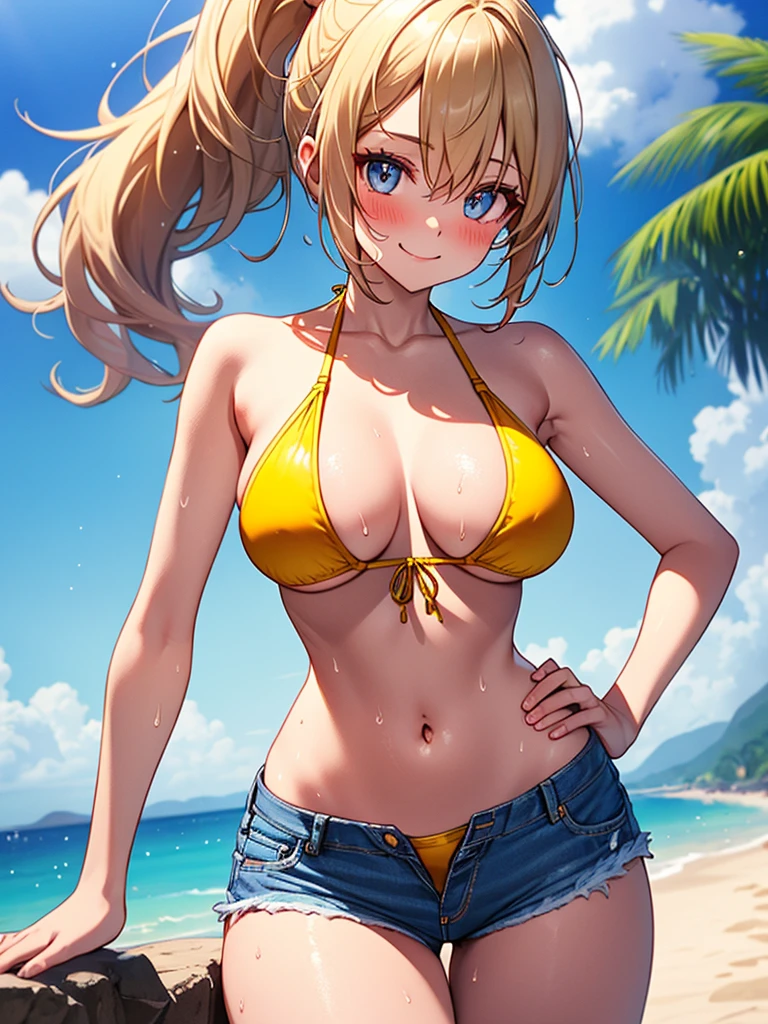 (highest quality, High resolution, perfect pixel, Depth of bounds written, 4K), (from front), beach, detailed eyes, (1 lady), tall, (skinny body:1.2) , (thin thighs:1.2), (Narrow hips), large breasts, blond hair, (ponytail:1.2), yellow, (denim short pants bikini:1.2), (cross halter bikini), (rio cut pants), (panty strap:1.2), (standing), left Hand on Hip, (light smile), blush, sweat, 