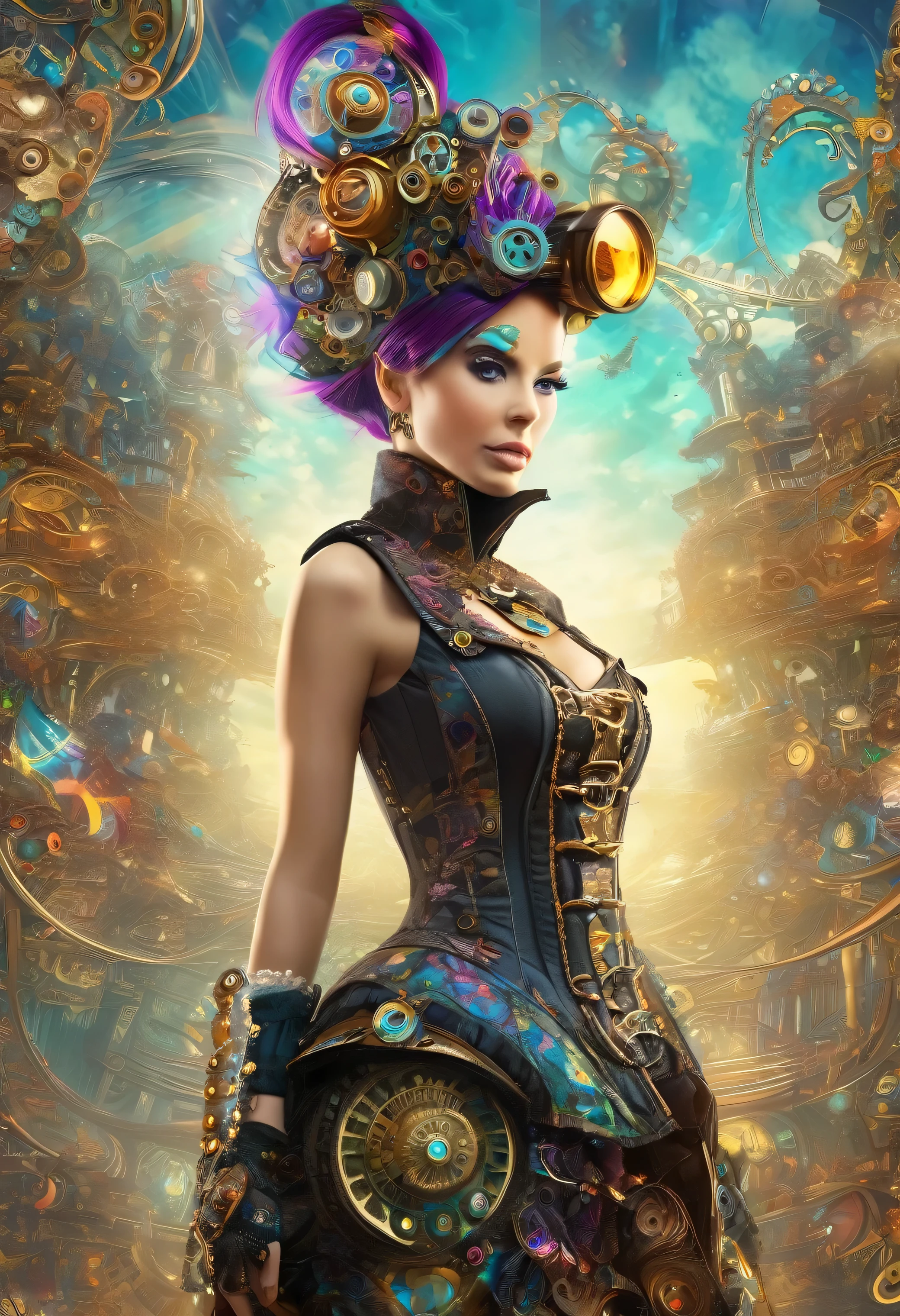 Fine Art, High Quality, A woman dressed in elaborate steampunk attire standing amidst a fractal art-inspired scenery, posing randomly, dazzling with a random, colorful hairstyle, masterpiece, one girl, full body shot, retro, steampunk, fractal art, dramatic, precise focus, cinema4d, official art, highly detailed, beautifully aesthetic