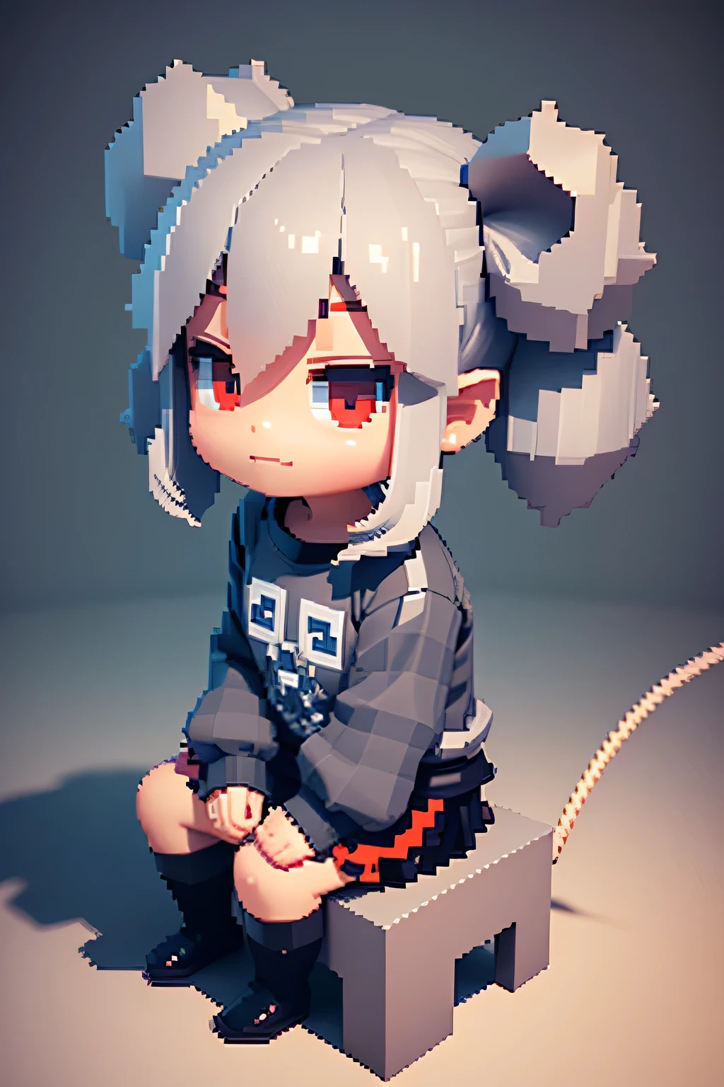 voxels,(3d big pixel art),(3d pixel art),large pixels,solo,1female\(chibi,cute,kawaii,age of 8,small ???,gray hair,hair floating,twin tails hair,white skin,tunned skin,ripped clothes,big gray printed shirts,red eyes,big eyes,mouse ear,breast,smirk,sitting\),(3d pixel art),(3d pixel art),(3d pixel art),background\(simple,cute\)