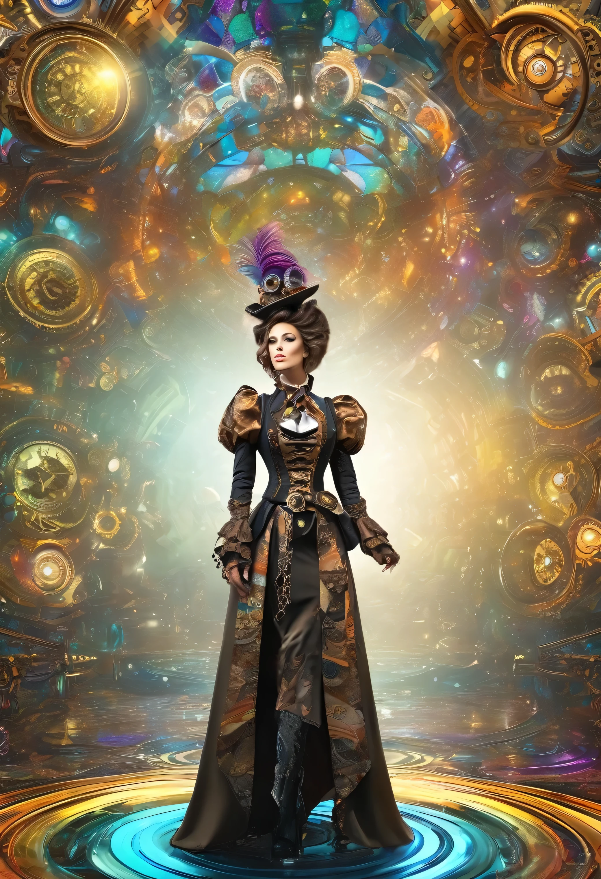 Fine Art, High Quality, A woman dressed in elaborate steampunk attire standing amidst a fractal art-inspired scenery, posing randomly, dazzling with a random, colorful hairstyle, masterpiece, one girl, full body shot, retro, steampunk, fractal art, dramatic, precise focus, cinema4d, official art, highly detailed, beautifully aesthetic