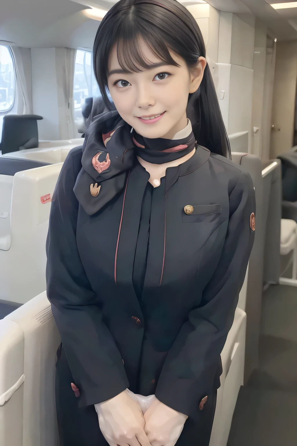 (masterpiece:1.2、highest quality:1.2)、32K HDR、High resolution、(alone、1 girl、Slim figure)、(Realistic style with JAL cabincrew uniform)、 (At the airport counter, Professional Lighting)、A proper woman, Beautiful Face,、(JAL cabincrew uniform)、(Long sleeve JAL cabin crew uniform)、(Scarf around the neck)、Big Breasts、(Long hair updo、Chignon)、Dark brown hair、Long Shot、((Fine hand:2.0))、((Harmonious body proportions:1.5))、((Normal limbs:2.0))、((Normal finger:2.0))、((Delicate eyes:2.0))、((Normal eyes:2.0)))、Beautiful standing posture、smile