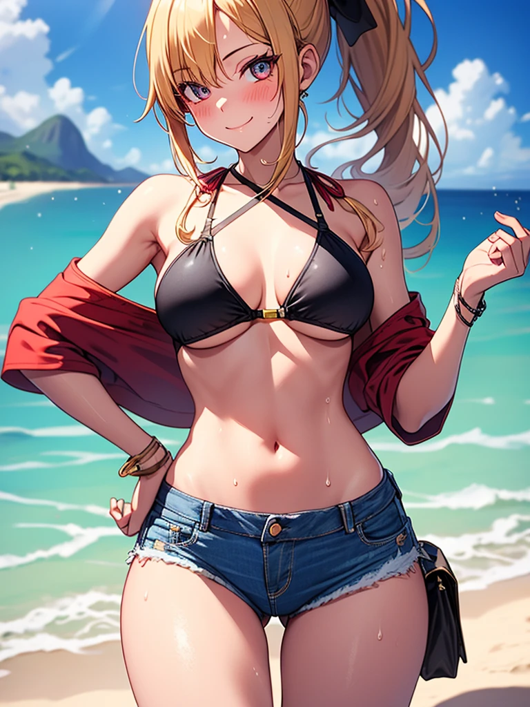 (highest quality, High resolution, perfect pixel, Depth of bounds written, 4K), (from front), beach, detailed eyes, (1 lady), tall, (skinny body:1.2) , (thin thighs:1.2), (Narrow hips), large breasts, blond hair, (ponytail:1.2), yellow, (denim short pants bikini:1.2), (cross halter bikini), (rio cut pants), (panty strap:1.2), (standing), left Hand on Hip, (light smile), blush, sweat, 