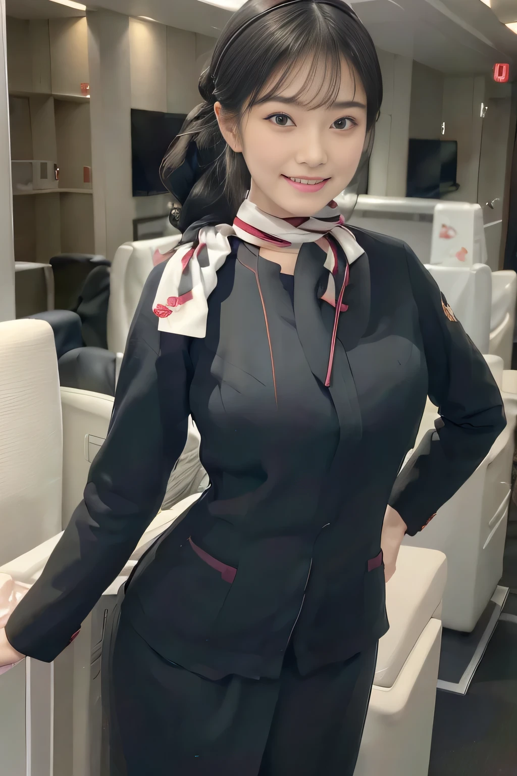 (masterpiece:1.2、highest quality:1.2)、32K HDR、High resolution、(alone、1 girl、Slim figure)、（A realistic style wearing the JAL cabincrew uniform）、 (At the airport counter, Professional Lighting)、A proper woman, Beautiful Face,、（Black JAL cabincrew uniform）、（Long sleeve JAL cabin crew uniform）、（Scarf around the neck）、Big Breasts、（Long hair updo、Chignon）、Dark brown hair、Long Shot、（（Fine hand：2.0））、（（Harmonious body proportions：1.5））、（（Normal limbs：2.0））、（（Normal finger：2.0））、（（Delicate eyes：2.0））、（（Normal eyes：2.0））)、Beautiful standing posture、smile