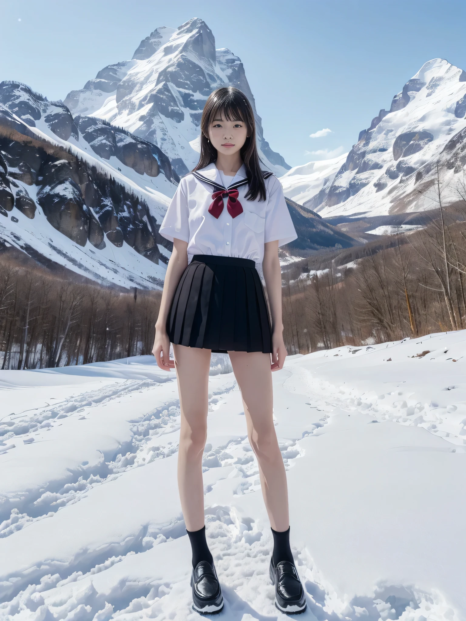 (In 8K、RAW Photos、highest quality、masterpiece:1.2), (Realistic、Photorealistic:1.37), Ultra-detailed, High resolution, One Girl, Close-up, barefoot, Iris, Japanese, color_touch_lens, (Beautiful feet:1.3), (Slender girl:1.4), Beautiful girl, (Thin legs:1.3), Sailor suit, , high school girl, JK, Ultra mini skirt, Dark blue pleated skirt, Short socks, Tri-fold socks, White socks, (Short sleeve:1.2), (Black Loafers Shoes:1.3), whole body, (Are standing:1.2), (heavy snow:1.3), (Deep Snow:1.2),(Mountain_background:1.2), red_ribbon, pink_skirt