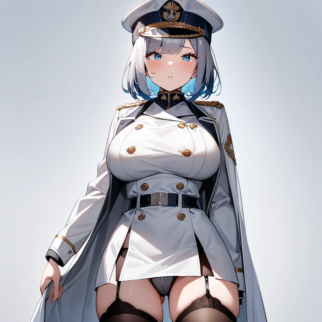 1 girl,Solo,standing,between thighs,masterpiece best quality,very aesthetic,absurdres,two-tone hair,medium bangs,big ,crotch,silver and blue,Bluish silver,military hat,White jacket,jacket,sleeve,miniskirt,front view,garter belt,(open)
