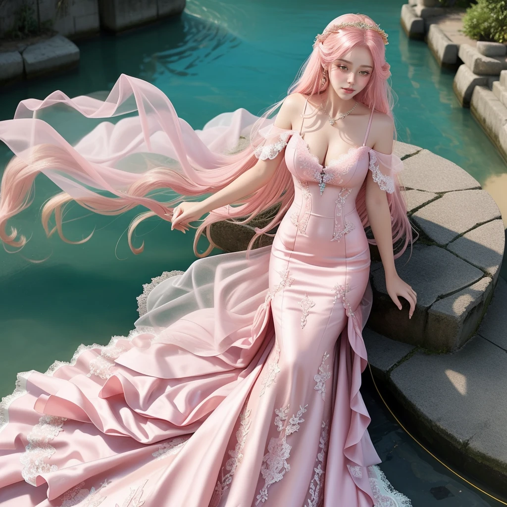 a beautiful woman wearing a pale pink mermaid dress with a flowing train and lace details.