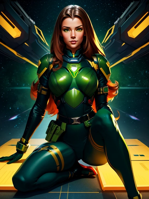 Best quality illustration, space beautiful woman,long hair, looking to observer, LITTLE SHY SMILE, tight hi-tech armor gold, RED and blue with intrincated details over glossy pantyhose, adjusting hi-tech gloves, militar tactical belt, thighs and knee,((((green deep florest scenario)))),yellow lights
