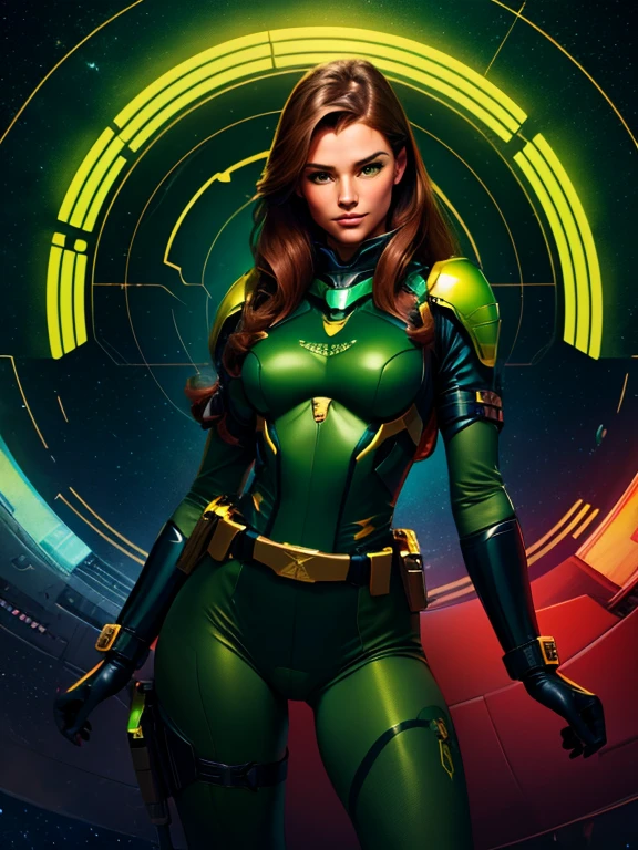 Best quality illustration, space beautiful woman,long hair, looking to observer, LITTLE SHY SMILE, tight hi-tech armor gold, RED and blue with intrincated details over glossy pantyhose, adjusting hi-tech gloves, militar tactical belt, thighs and knee,((((green deep florest scenario)))),yellow lights