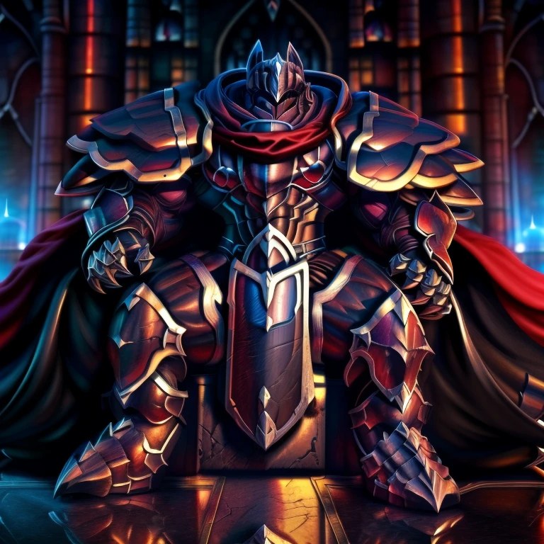 (masterpiece, best quality, detailed:1.2) (Pokémon) LUCARIO, detailed full body, a knight's mechanical armor, glowing wide and heavy armor, wears full body armor. massive muscles, huge pecs, chiseled abs, huge pectorals, exaggeratedly huge muscles. wearing a cloak. unusually developed muscular body big muscle, pecs, triceps, traps, waist narrow, unusually developed muscular body, Dark knight, BlackKnight_fe, The claws are sharp, Sharp teeth, He wears a black cloak on his back. sitting on the throne, castle,