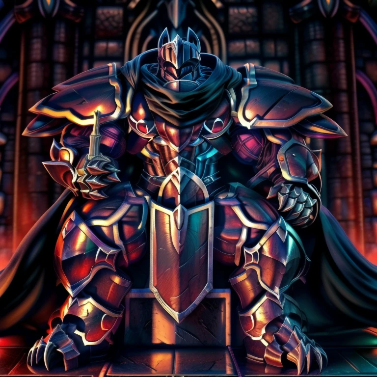 (masterpiece, best quality, detailed:1.2) (Pokémon) LUCARIO, detailed full body, a knight's mechanical armor, glowing wide and heavy armor, wears full body armor. massive muscles, huge pecs, chiseled abs, huge pectorals, exaggeratedly huge muscles. wearing a cloak. unusually developed muscular body big muscle, pecs, triceps, traps, waist narrow, unusually developed muscular body, Dark knight, BlackKnight_fe, The claws are sharp, Sharp teeth, He wears a black cloak on his back. sitting on the throne, castle,