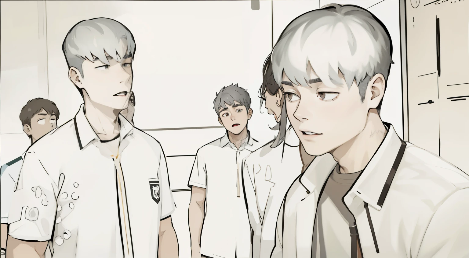 two male students, , gray hair, gray eyes