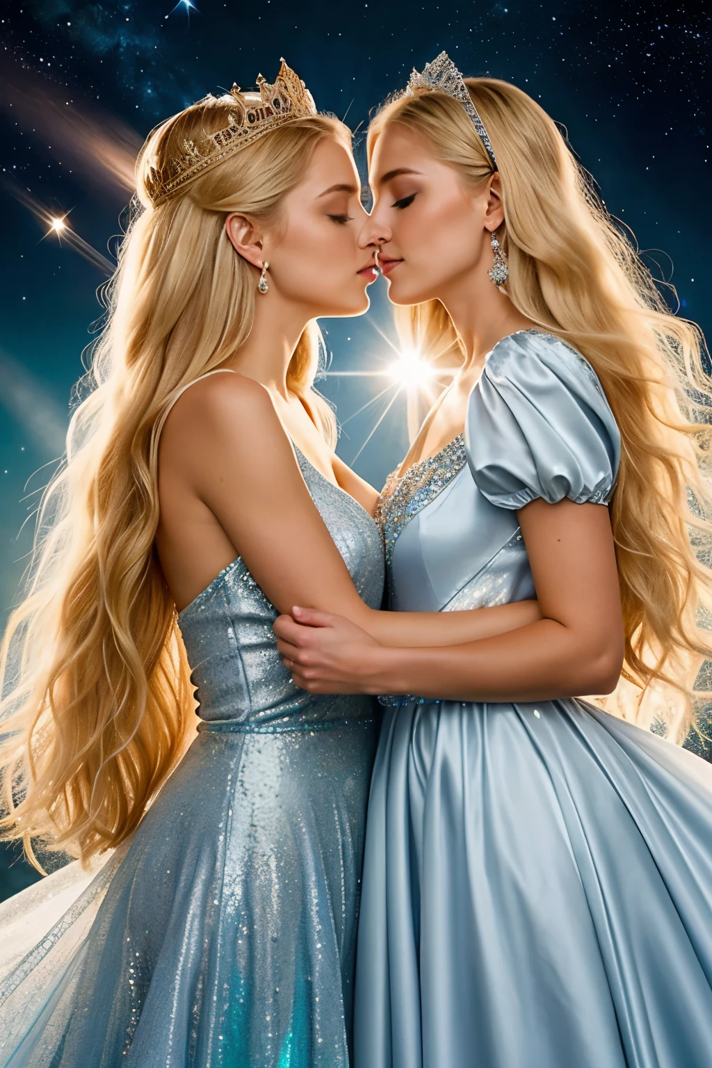 ((best quality)), ((Meisterwerk)), (detailed), perfektes Gesicht A celestial fantasy queen with long blonde hair, dressed in an ethereal, iridescent, shimmering, flawless, floating, luminous, and sparkling gown that emphasizes her gorgeous breasts and unparalleled radiance. She is kissing her 20-year-old daughter with passion. The queen's brilliance and light increase eternally, blinding an audience that worships her. imposing chest cosmic brilliance