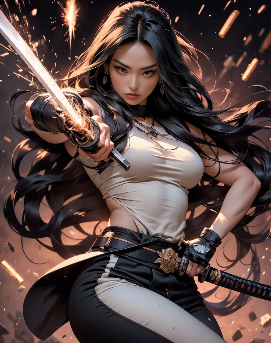 Beautifull 25 years old asian woman, Athletic Body, big breasts, small waist, round hips, psylocke in hero pose holding a samurai sword in the rifgt hand , pinks light aurea on her left hand, long wavy black hair, war scene, sparklers, war,