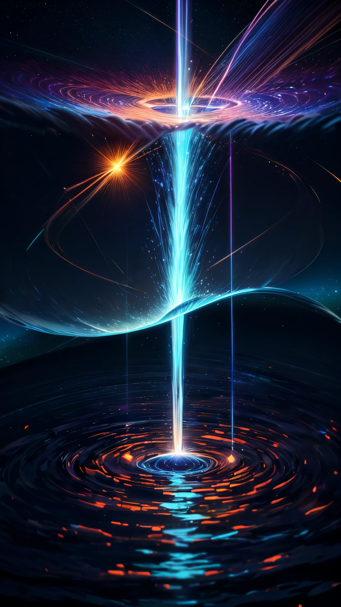 Excelente qualidade, obra de arte, High Resolutisobre, Journey through the cosmos as the stars paint the sky with their ethereal glow. Above, a mesmerizing galaxy stretches across the expanse, its vibrant hues swirling in a cosmic ballet. Below, a tranquil sea mirrors the celestial spectacle, its surface calm and serene. The moon, a luminous orb suspended in the night sky, casts its gentle radiance upon the waters, creating a path of silver light that shimmers and dances with the ebb and flow of the tide. It's a moment frozen in time, where the boundaries between earth and sky blur, and the universe reveals its infinite beauty."