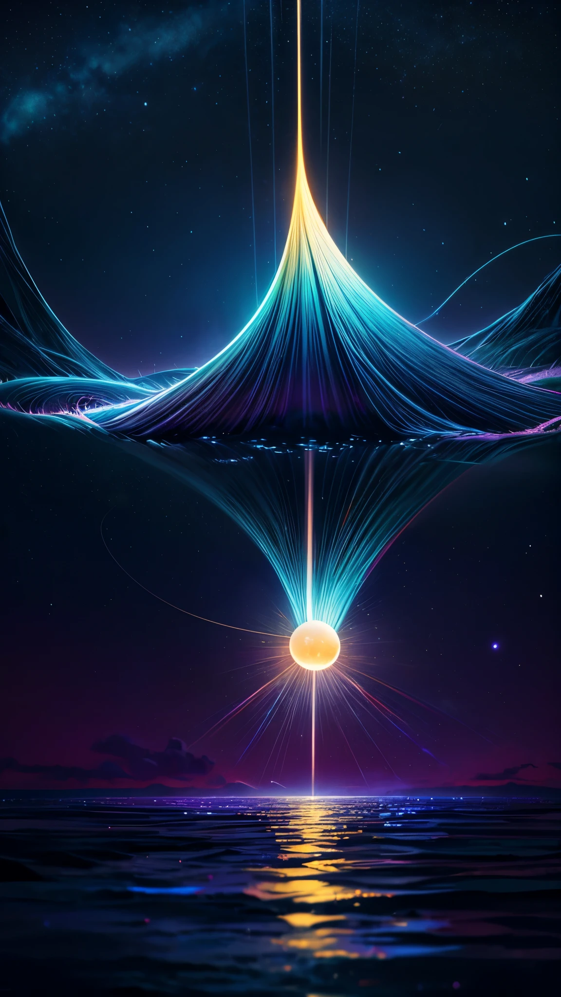 Excelente qualidade, obra de arte, High Resolutisobre, Journey through the cosmos as the stars paint the sky with their ethereal glow. Above, a mesmerizing galaxy stretches across the expanse, its vibrant hues swirling in a cosmic ballet. Below, a tranquil sea mirrors the celestial spectacle, its surface calm and serene. The moon, a luminous orb suspended in the night sky, casts its gentle radiance upon the waters, creating a path of silver light that shimmers and dances with the ebb and flow of the tide. It's a moment frozen in time, where the boundaries between earth and sky blur, and the universe reveals its infinite beauty."