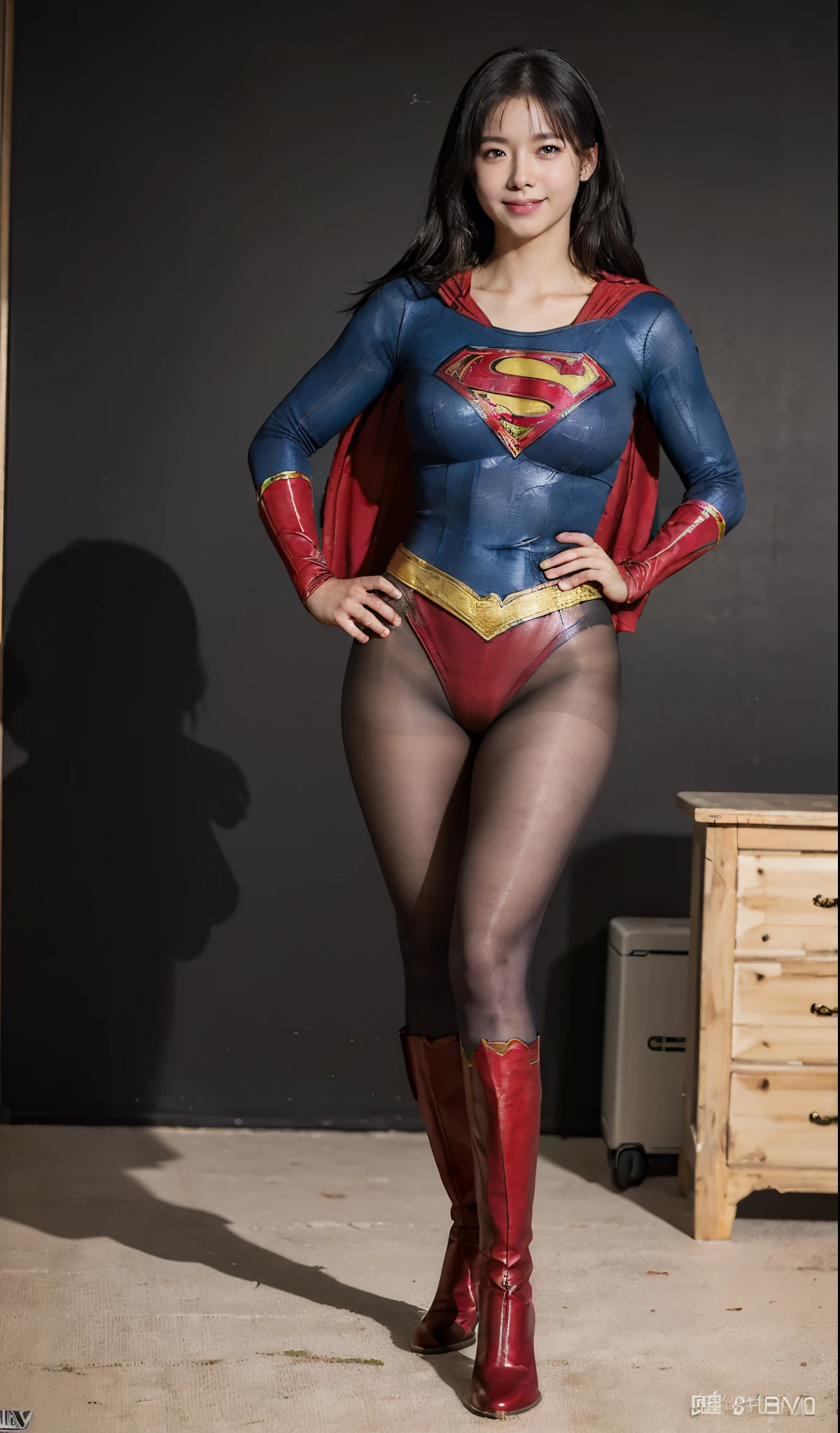 No background、(((Beautiful legs in black tights.)))、(((Legally express the beauty of your smile)))、((((Make the most of your original images)))、(((Supergirl Costume)))、(((ボディにフィットしたSupergirl Costume)))、(((Beautiful Hair)))、(((Smiles and winks)))、(((Please wear black tights....、Wear red boots)))、((Best image quality、8k))、((highest quality、8k、masterpiece:1.3))、(((Preserve background )))、Sharp focus:1.2、Beautiful woman with perfect figure:1.4、Slim Abs:1.2、Wet body:1.5、Highly detailed face and skin texture、8k